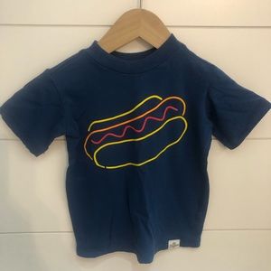 Short sleeve blue top with neon hotdog logo